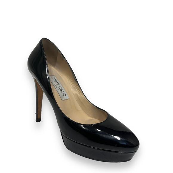 JIMMY CHOO Black Patent Leather Platform ALEX Heels Pumps 38.5 US 8.5 - Picture 2 of 8